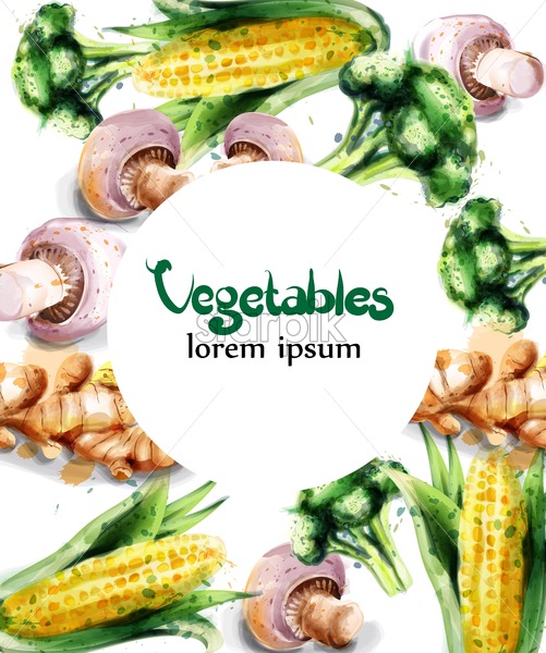 Vegetables Watercolor Vector Frame Mushrooms, Corn And Brocoli 501x600 Vegetables Watercolor Vector Frame Mushrooms, Corn And Brocoli