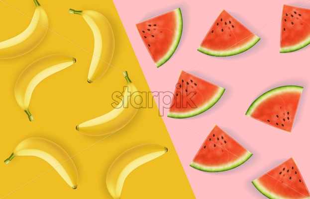 623x401 Banana And Watermelon Abstract Pattern Vector Realistic Colorful