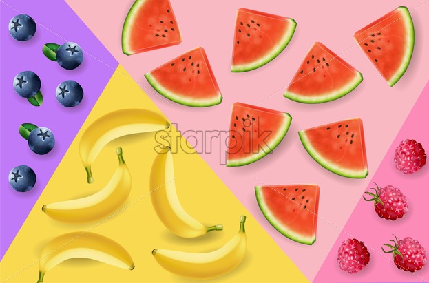 623x411 Watermelon, Bananas And Berry Abstract Pattern Vector Realistic