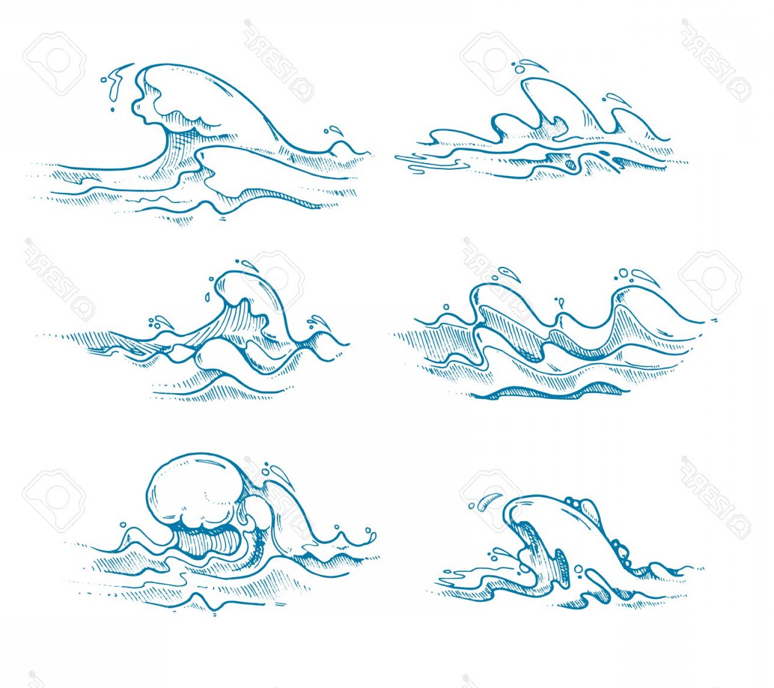 1560x1386 Photostock Vector Vintage Sea Waves Vector Set In Hand Drawn
