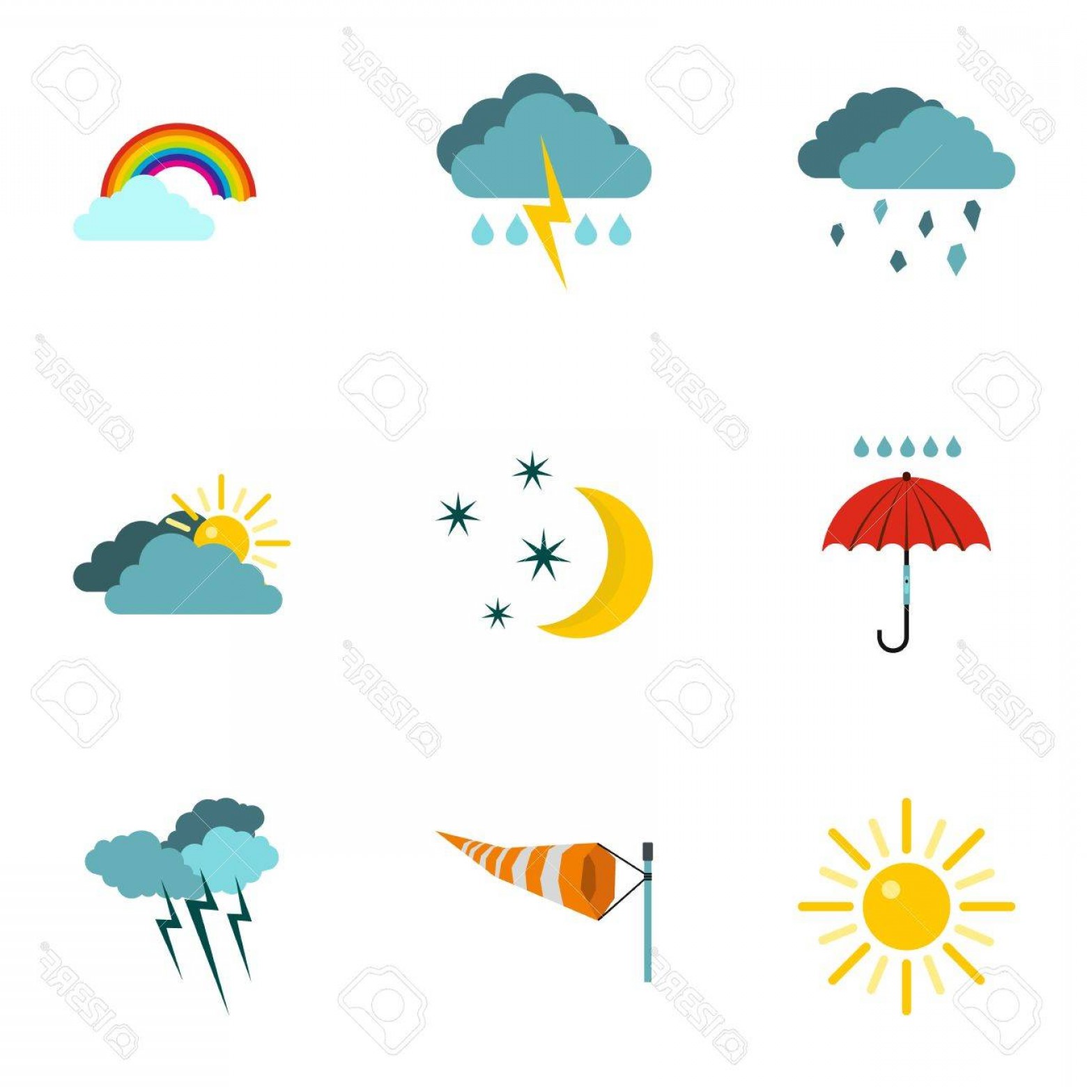 Photostock Vector Kinds Of Weather Icons Set Flat Illustration 1560x1560 Photostock Vector Kinds Of Weather Icons Set Flat Illustration