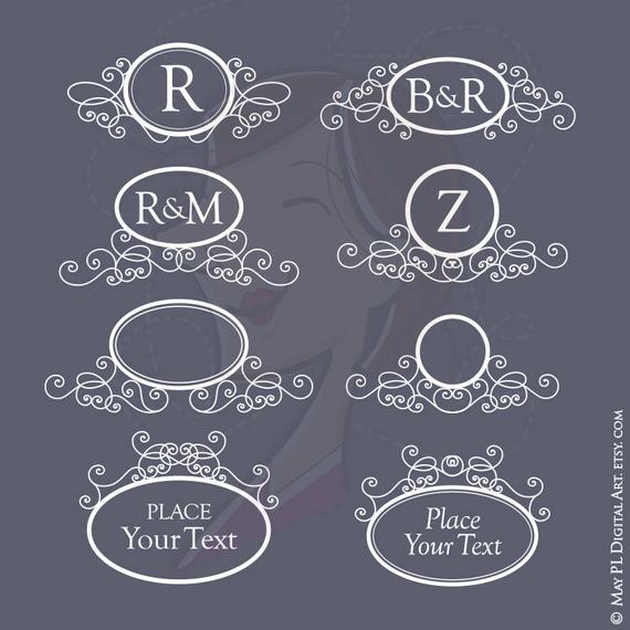 570x570 White Monogram Oval Frames Clipart Ornate Border Vector Png Etsy
