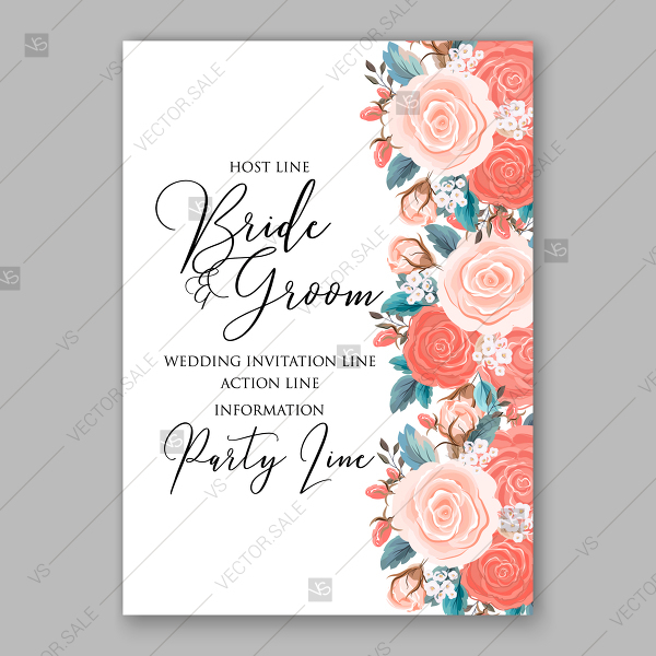Coral Pink Rose Wedding Invitation Card Vector Printable Template 600x600 Coral Pink Rose Wedding Invitation Card Vector Printable Template