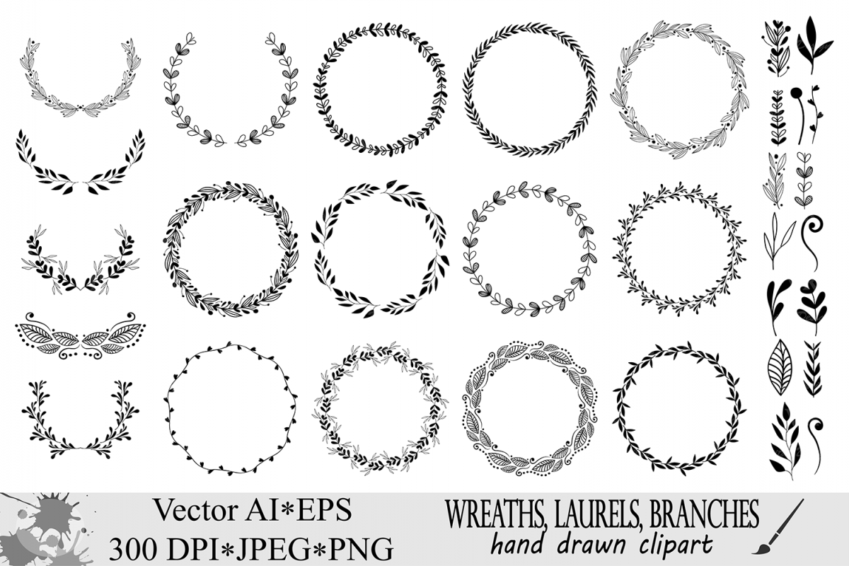 1200x800 Wreaths Clipart, Hand Drawn Black Design Elements, Digital Wreath