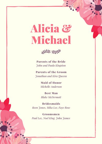 Cream With Pink Floral Vectors Wedding Program 389x550 Cream With Pink Floral Vectors Wedding Program
