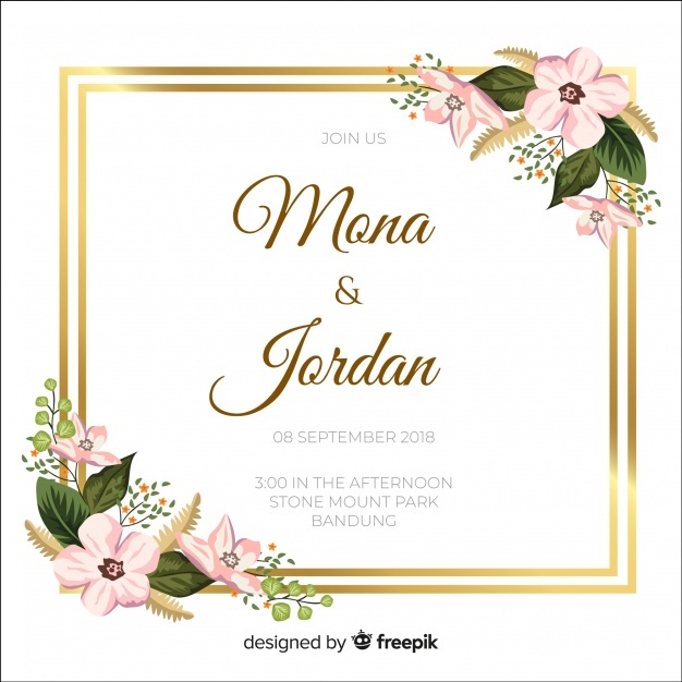 626x626 Floral Wedding Invitation With Golden Frame Vector Free Download
