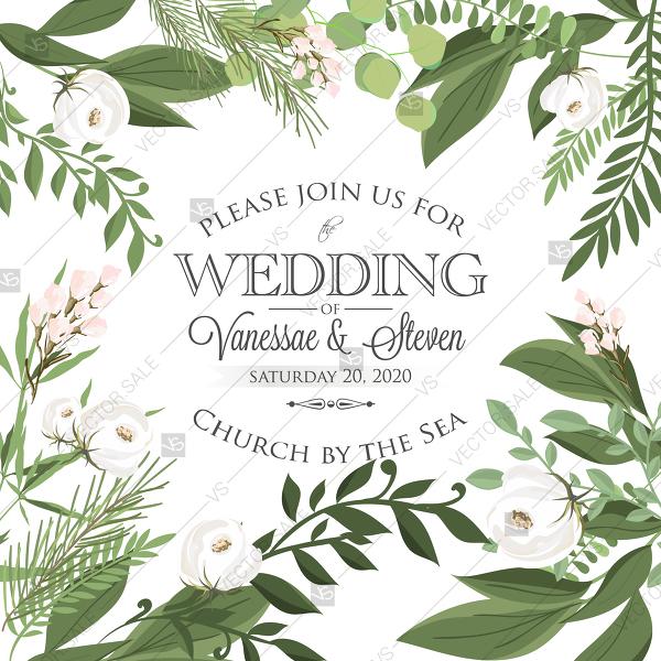 600x600 Wedding Invitation Watercolor Vector Greenery Branches Fern
