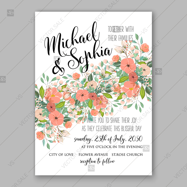 600x600 Wedding Invitation Peach Flower Greenery Vector Template