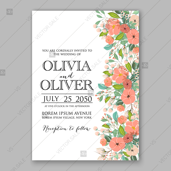 600x600 Wedding Invitation Peach Flower Greenery Vector Template Baby