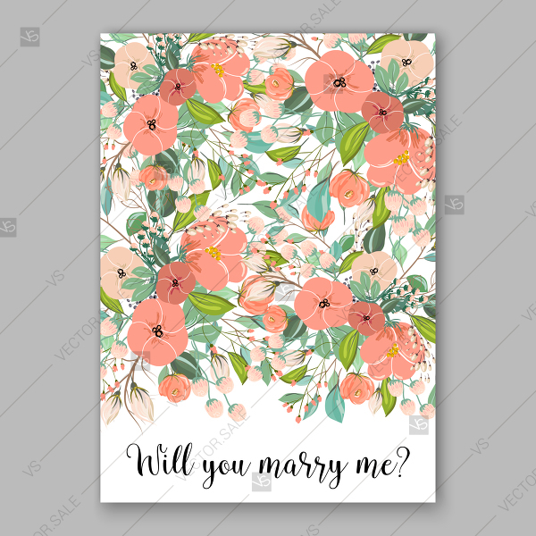 600x600 Wedding Invitation Peach Flower Greenery Vector Template Floral