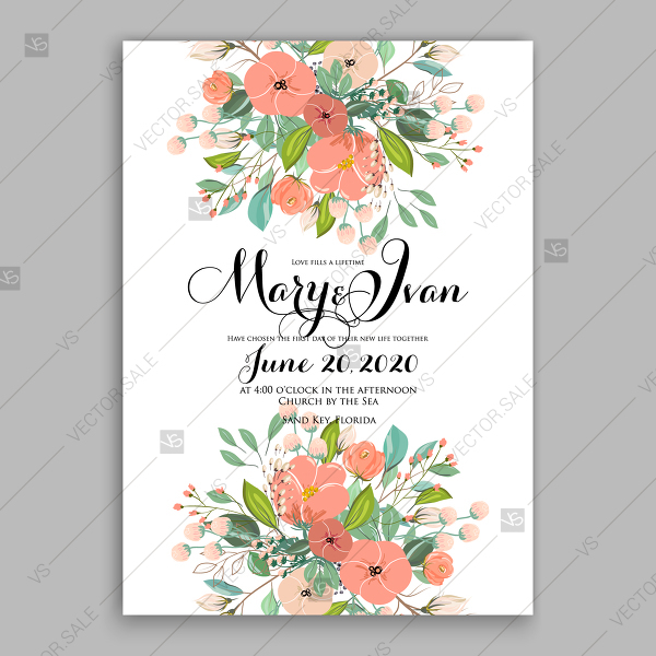 600x600 Wedding Invitation Peach Flower Greenery Vector Template Vector