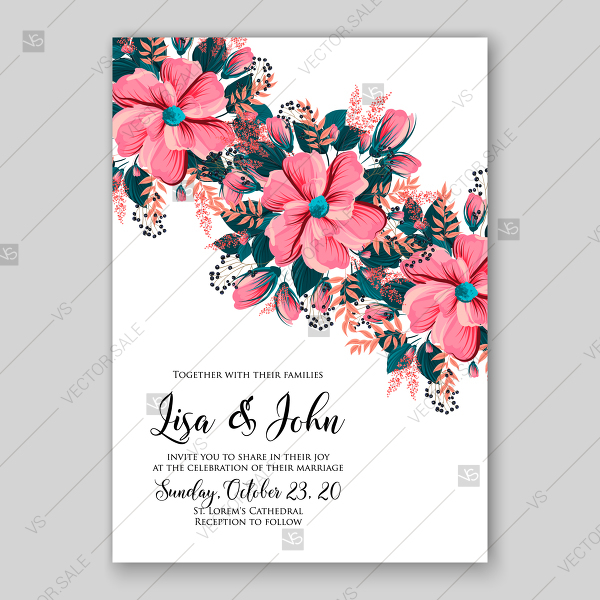 600x600 Pink Petunia Floral Wedding Invitation Vector Illustration Card