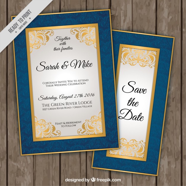 Elegant Wedding Invitations With Blue And Golden Border Vector 626x626 Elegant Wedding Invitations With Blue And Golden Border Vector