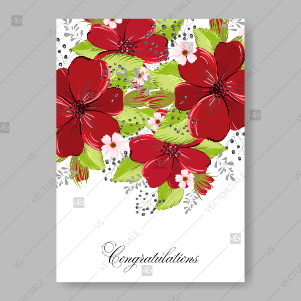 600x600 Red Beautiful Anemone Wedding Invitation Vector Card Template