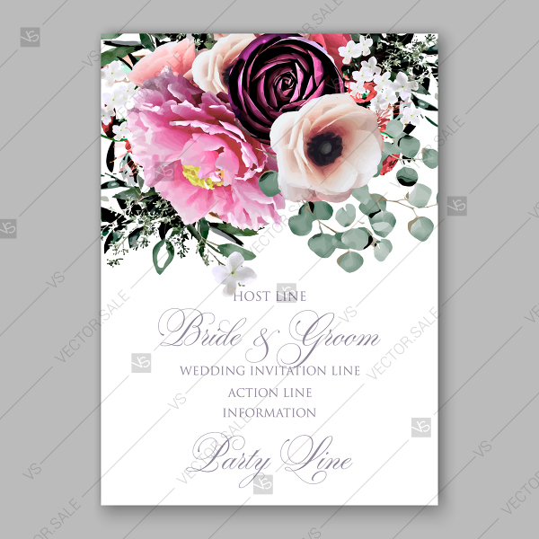 600x600 Wedding Invitation Vector Template With Watercolor Peony Rose