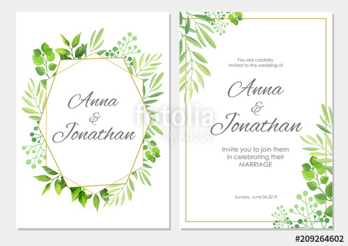 500x354 Wedding Invitation With Green Leaves Border Floral Invite Modern