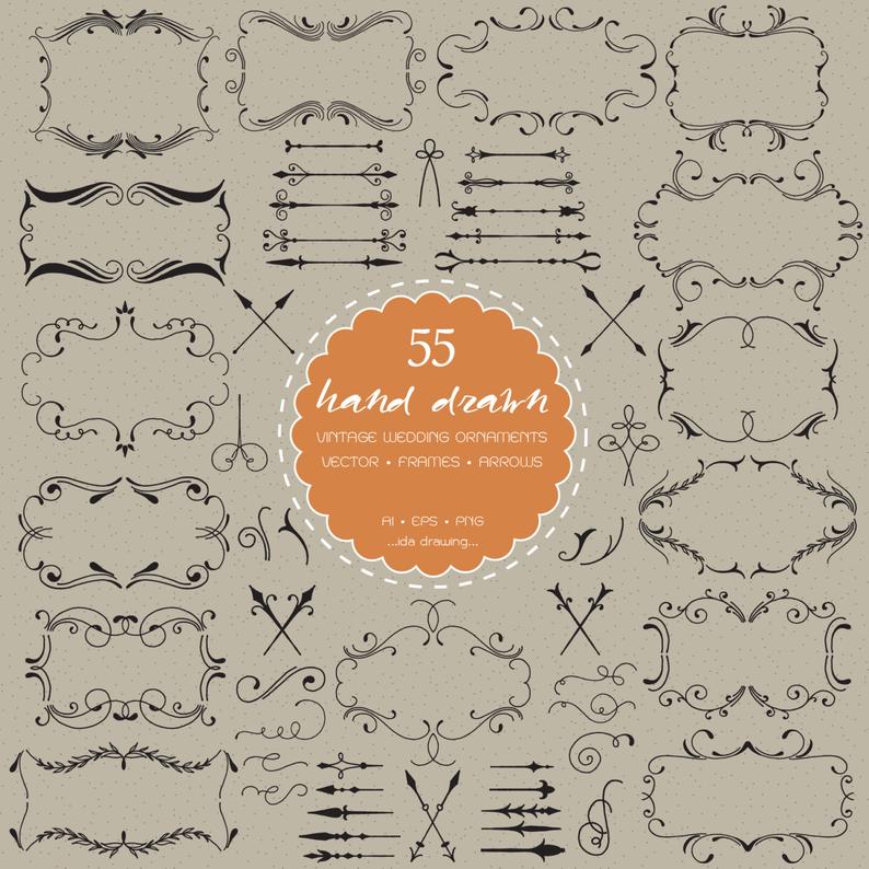 794x794 Hand Drawn Vintage Wedding Ornaments Digital Clip Etsy