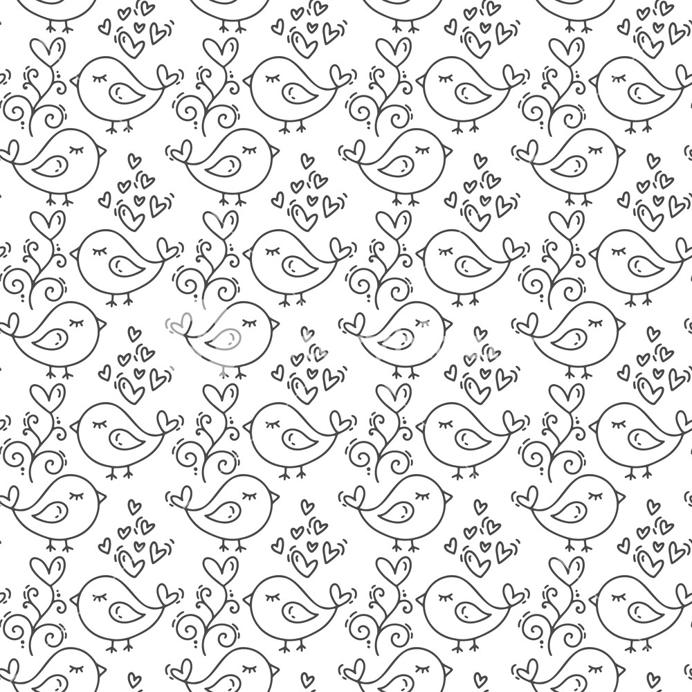 Hand Drawn Cute Valentines Day Heart Flourish And Bird Pattern 1000x1000 Hand Drawn Cute Valentines Day Heart Flourish And Bird Pattern