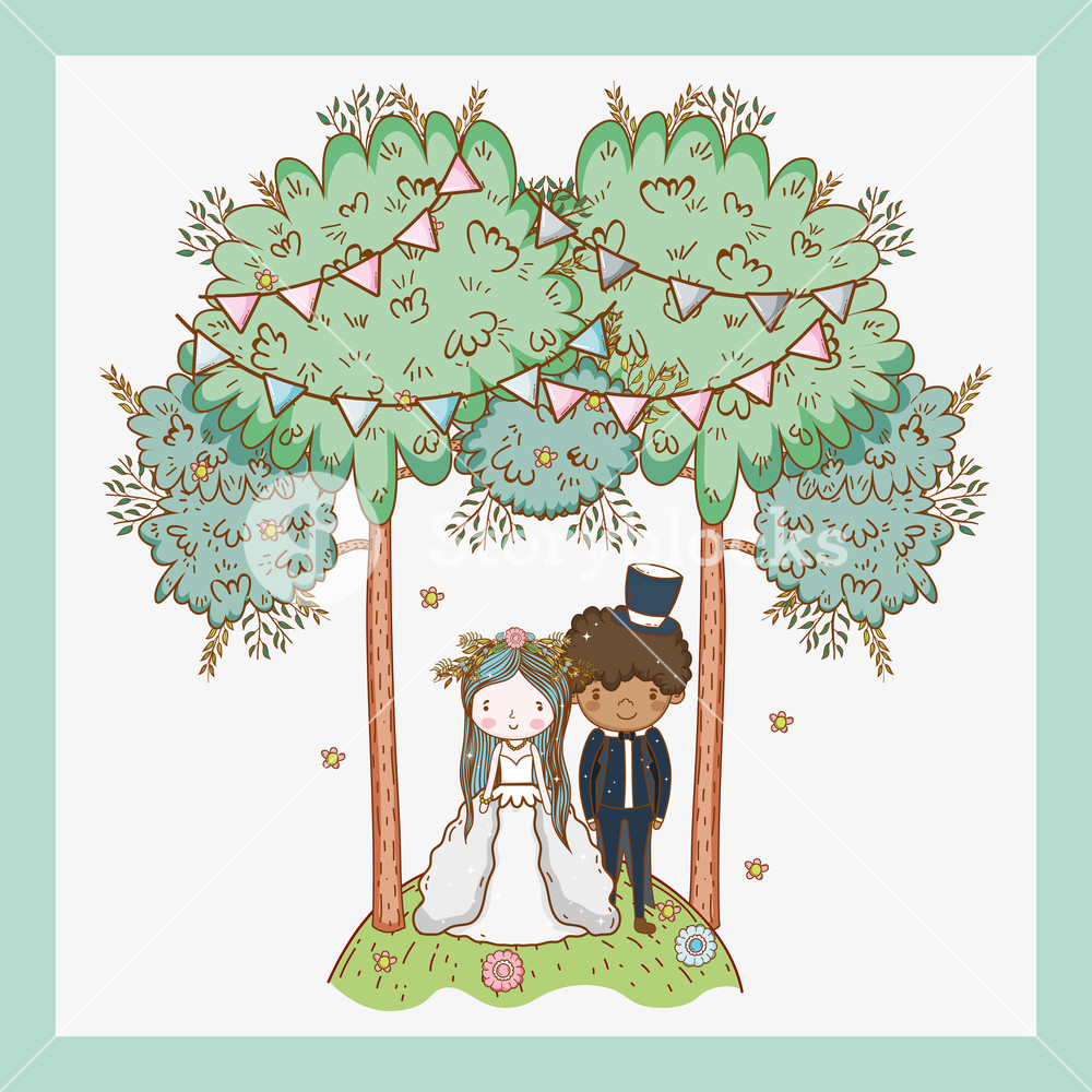 Woman And Man Wedding With Party Flags And Trees Vector 1000x1000 Woman And Man Wedding With Party Flags And Trees Vector