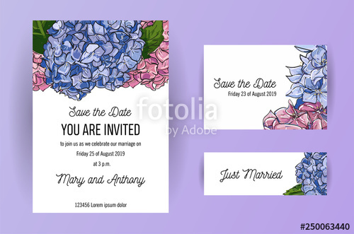 Set Of Wedding Invitation Card With Blue And Pink Flowers 500x331 Set Of Wedding Invitation Card With Blue And Pink Flowers