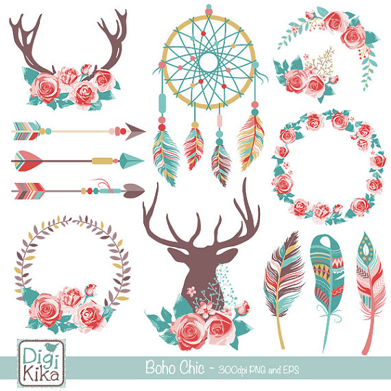 570x570 Boho Chic Clipart, Rustic Wedding Clip Art, Tribal Vector Graphics