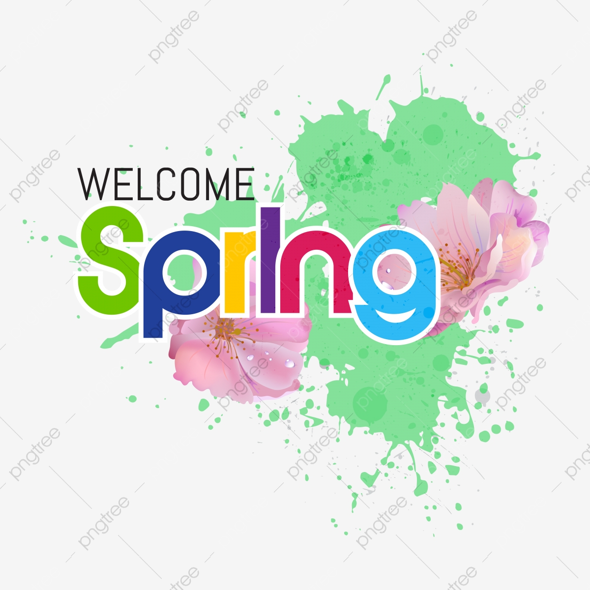 1200x1200 Welcome Spring Pink Flower With Brush Splash, Spring, Welcome