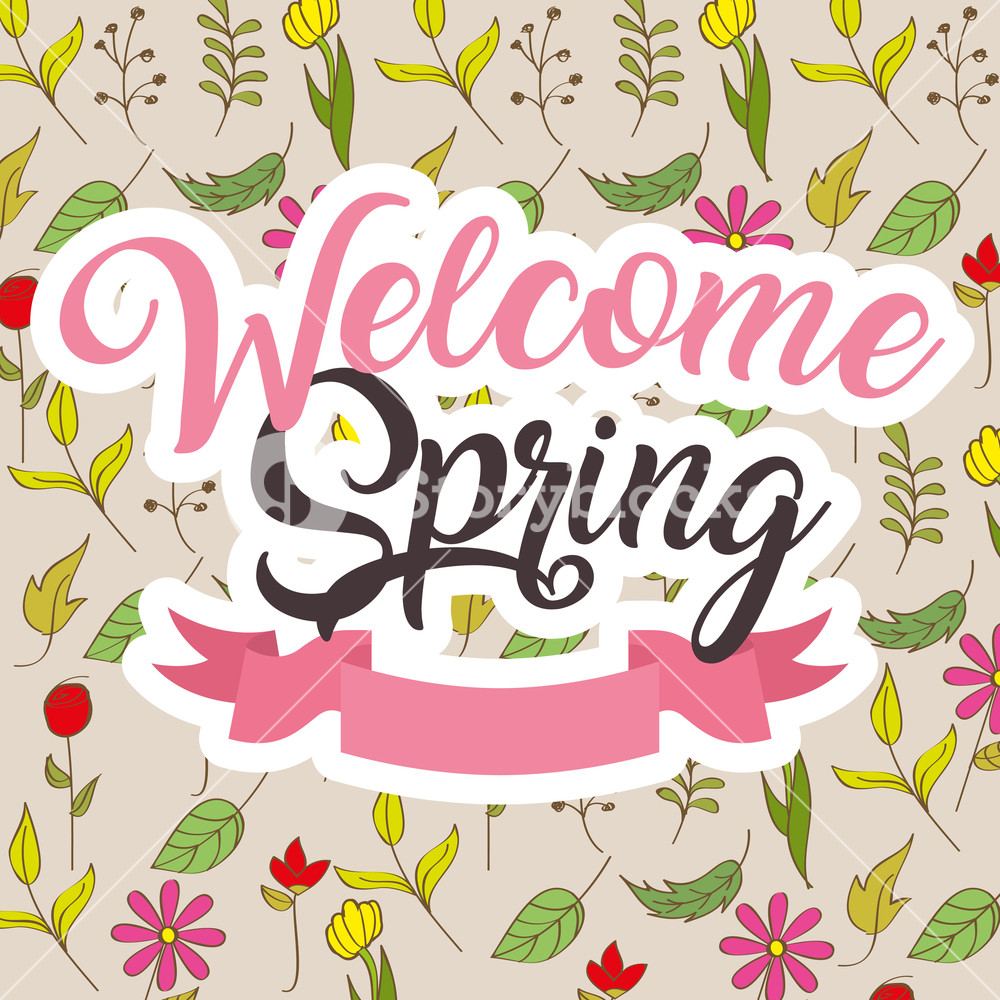 1000x1000 Welcome Spring Ribbon Flowers Decoration Background Vector