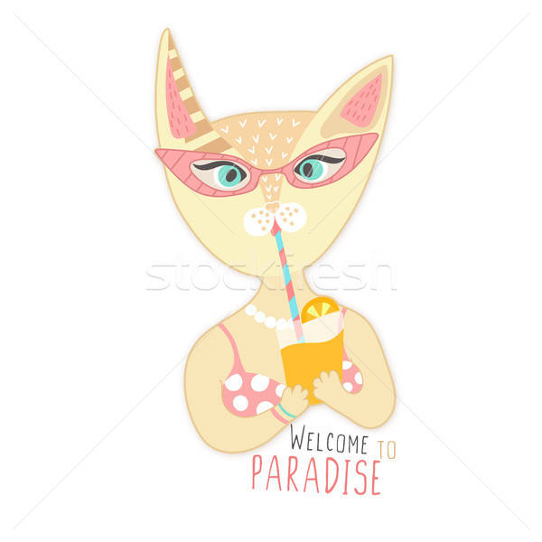Cute Hand Drawn Cat In Swimsuit Drinks Cocktail Welcome 600x600 Cute Hand Drawn Cat In Swimsuit Drinks Cocktail Welcome