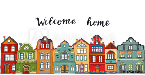 500x259 Row Of Multicolored Doodle Small Town Houses With Inscription