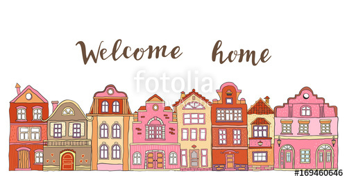 500x259 Row Of Pink Doodle Small Town Houses With Inscription Welcome Home