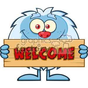 300x300 Cute Little Yeti Cartoon Mascot Character Holding Welcome Wooden