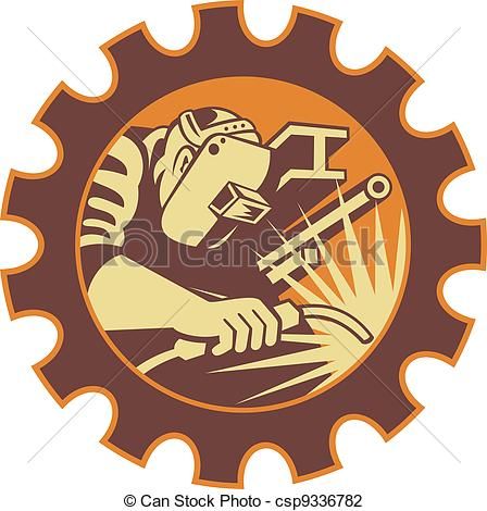 448x470 Vector Illustration Of Welder Worker Welding Torch Retro