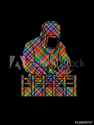 375x500 Welding With Sparks Designed Using Colorful Pixels Graphic Vector