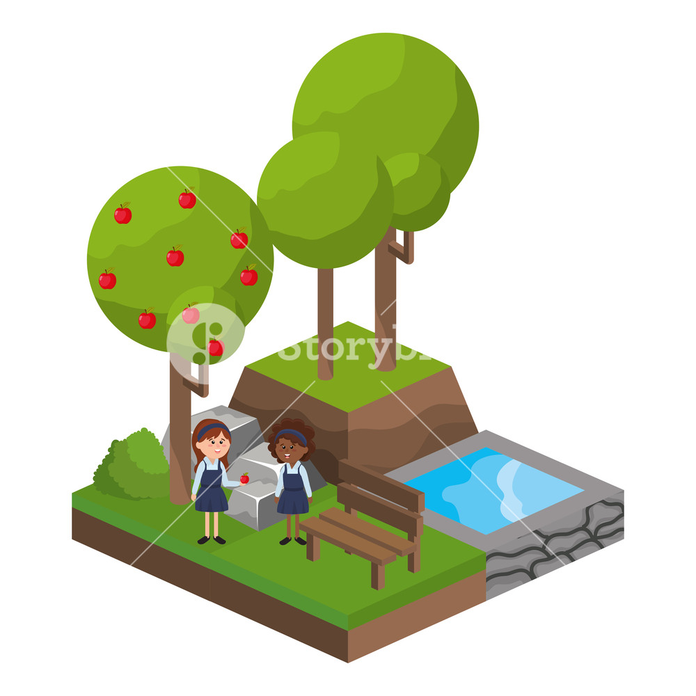 1000x1000 Isometric Park Activity With Kids And Water Well With Trees