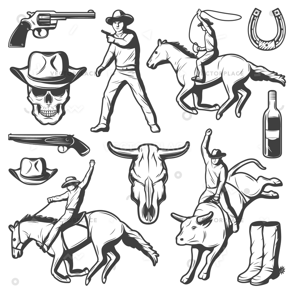 1000x1000 Vintage Rodeo Elements Set Weapons Western Vector Illustration