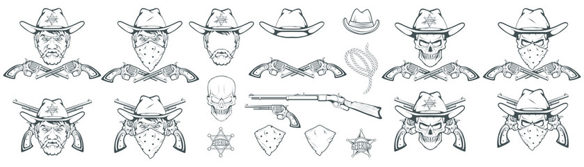 839x240 Cowboy Set For Design Hand Drawn Cowboy Hat Cartoon Character