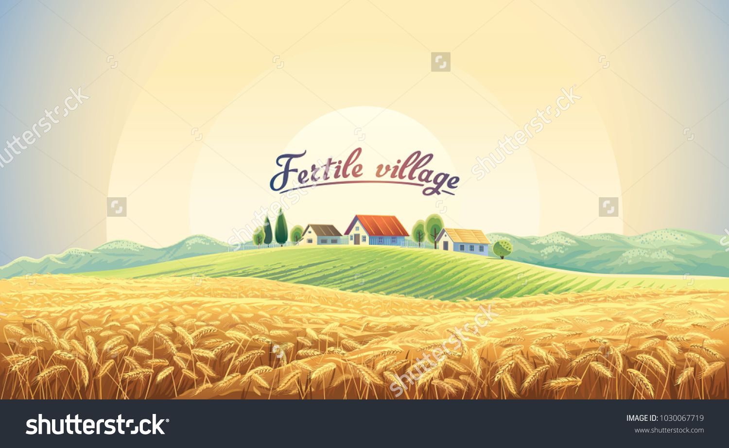 1500x922 Rural Landscape With A Wheat Field And A Village On A Hill Vector