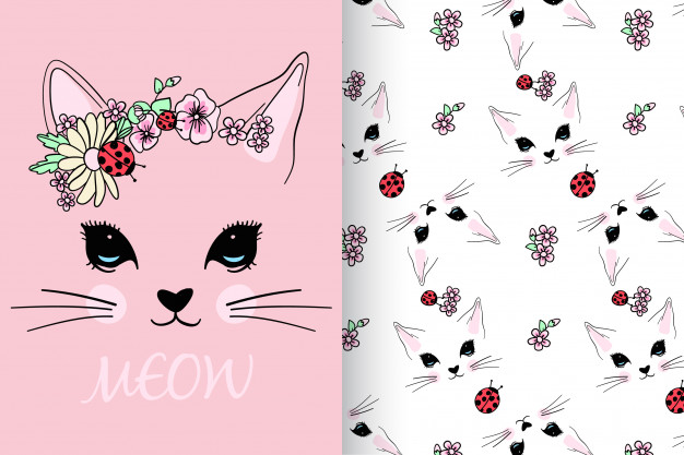 626x417 Hand Drawn Cute Kitty With Pattern Vector Set Vector Premium