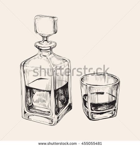 450x470 Sketch Whiskey Bottle And Glass Hand Drawn Drink Vector