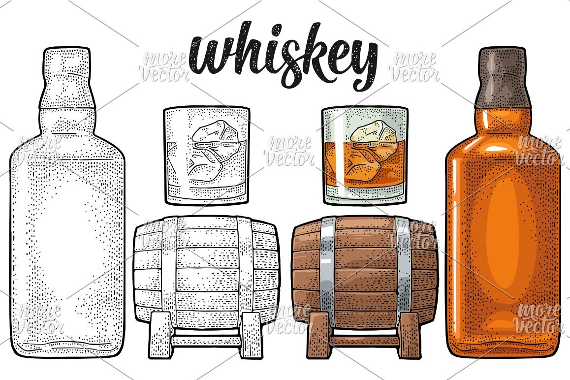 1158x772 Whiskey Glass With Ice Cubes, Barrel, Bottle Vector Vintage Engraving