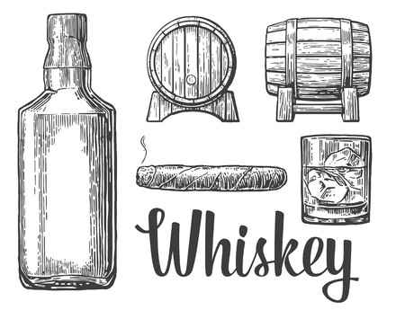 Whiskey Glass With Ice Cubes Barrel Bottle Cigar Vector Vintage 450x345 Whiskey Glass With Ice Cubes Barrel Bottle Cigar Vector Vintage