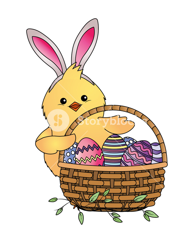 Chick With Bunny Ears And Easter Eggs In Wicker Basket Vector 800x1000 Chick With Bunny Ears And Easter Eggs In Wicker Basket Vector
