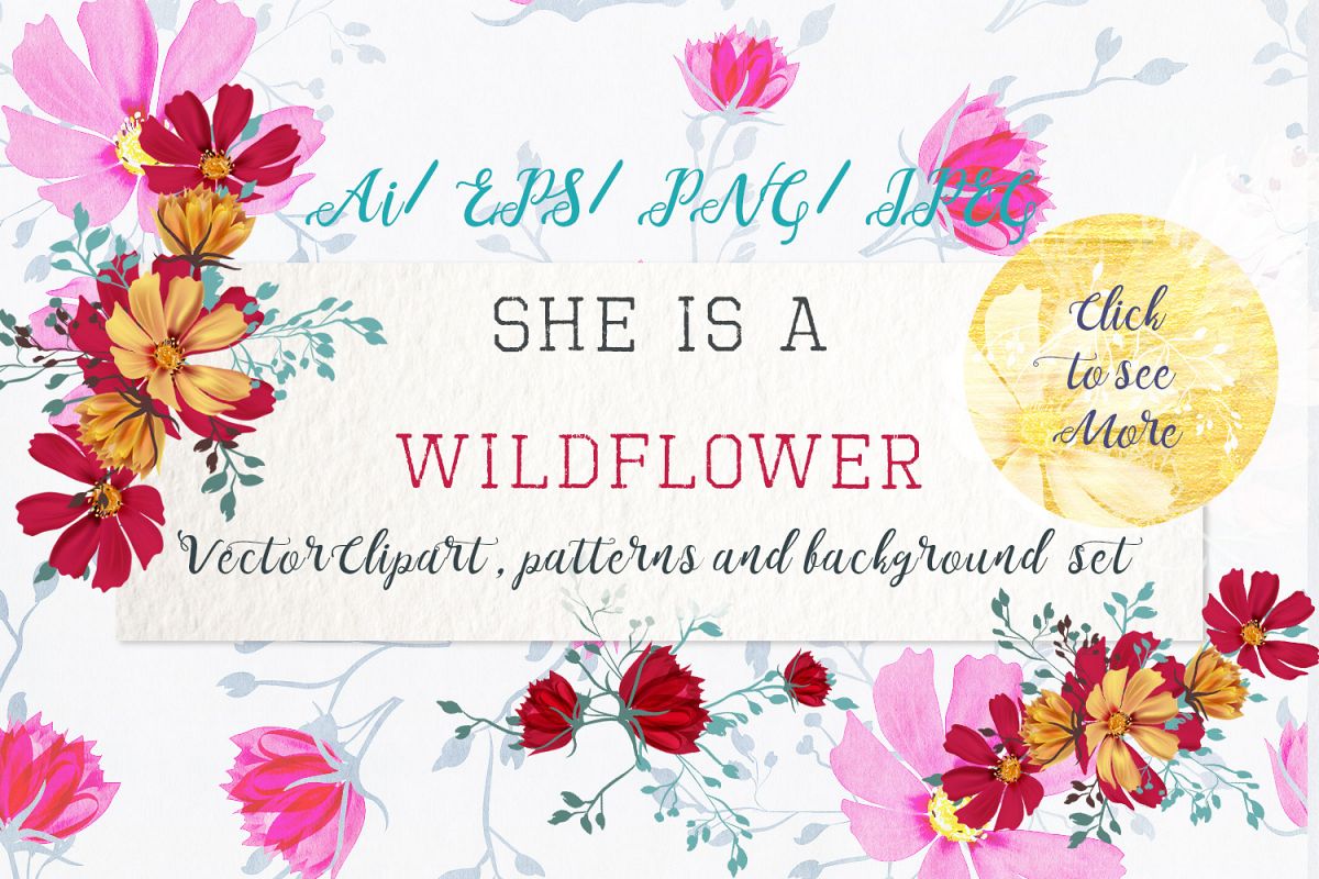 She Is Wildflower, Vector Clip Art Set, Patterns, Elements 1200x800 She Is Wildflower, Vector Clip Art Set, Patterns, Elements
