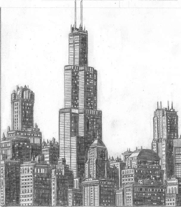 608x696 John Chicago Skyline Sears Tower Drawing Skylines, Cityscapes