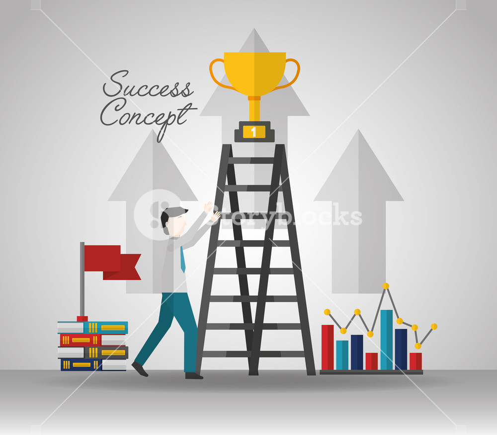 1000x875 Success Concept Stairs Trophy Flag Books Statistics Win Vector