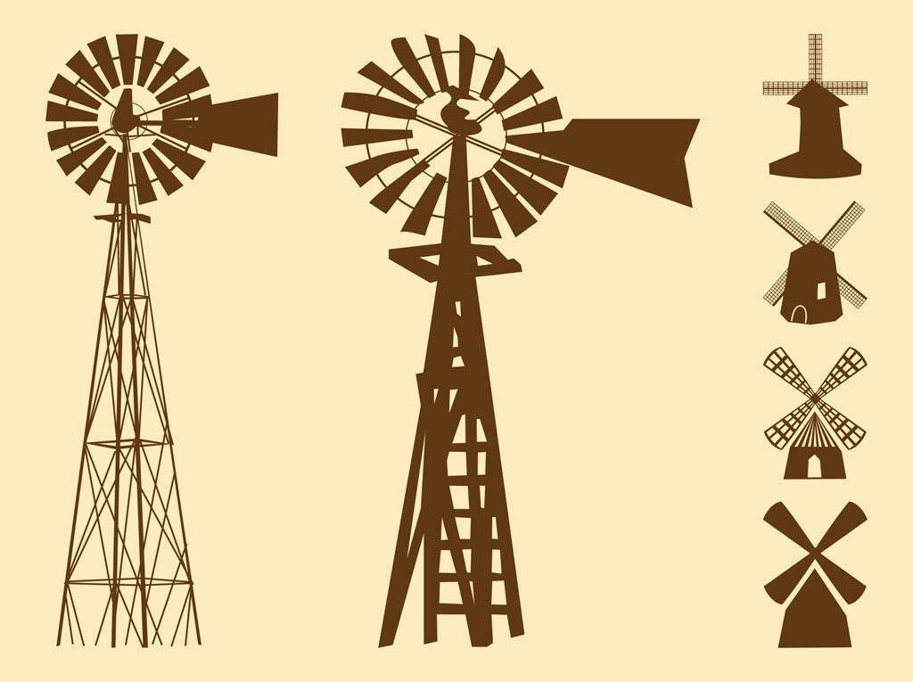 1024x765 Windmills Silhouettes Vector Art Graphics