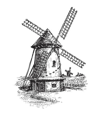 398x450 Sketch Old Windmill On A White Background Vector Illustration