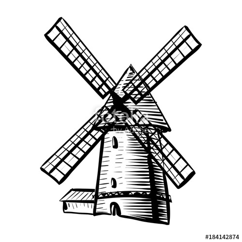 500x500 Windmill Isolated On White Background Hand Drawn Sketch Style