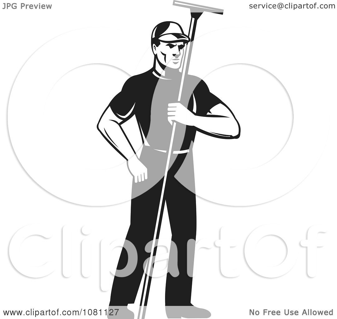 1080x1024 Clipart Retro Black And White Window Washer Holding A Squeegee