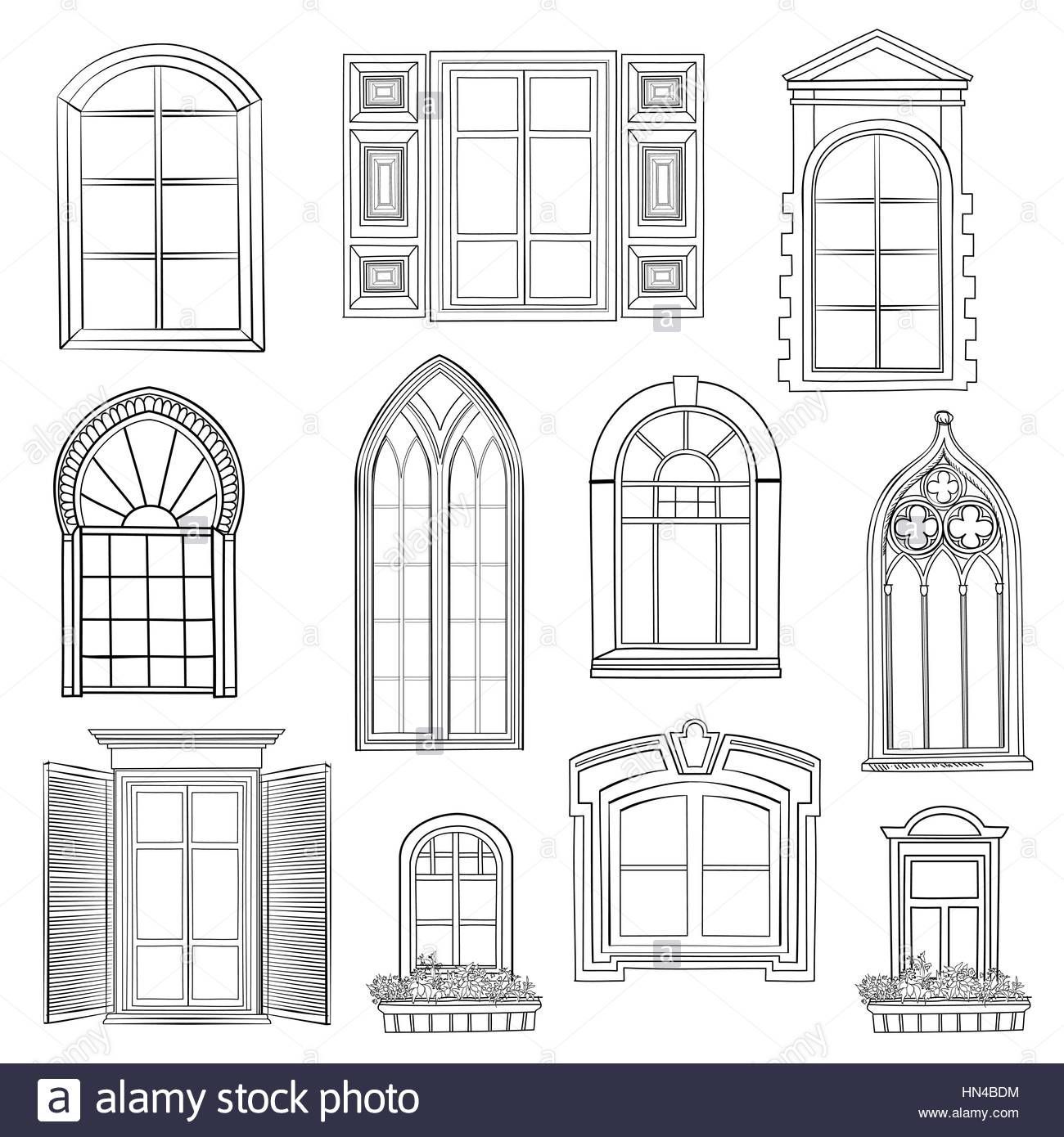 1300x1390 Window Set Different Architectural Style Of Windows Doodle Sketch